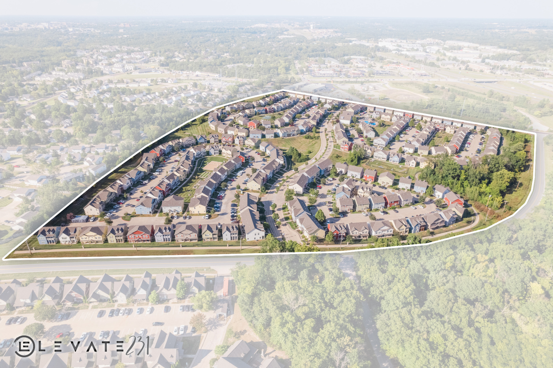 Aerial view of a large residential development community